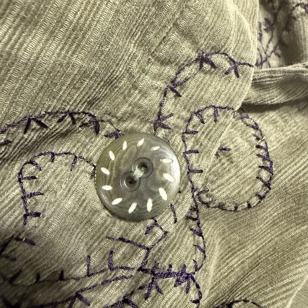 VTG Flax Shirt Dress‎ MED Green Corduroy Floral Embroidery 100% Cotton Lagenlook - Picture 8 of 14